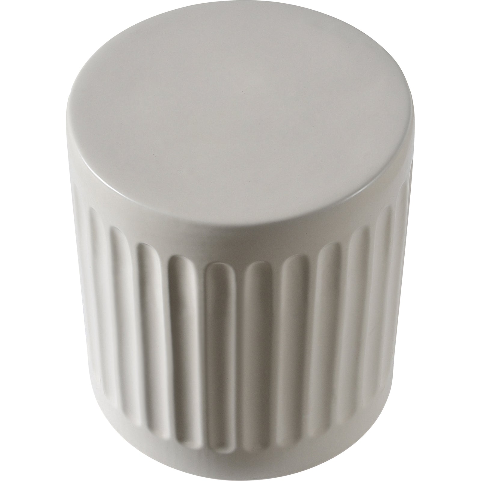 Lucian Table in light gray ceramic with vertical ribbed texture, top view.