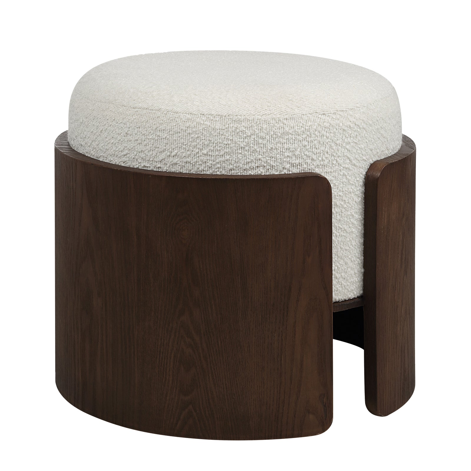 Capsula Ottoman with a round cream textured top and dark wood base