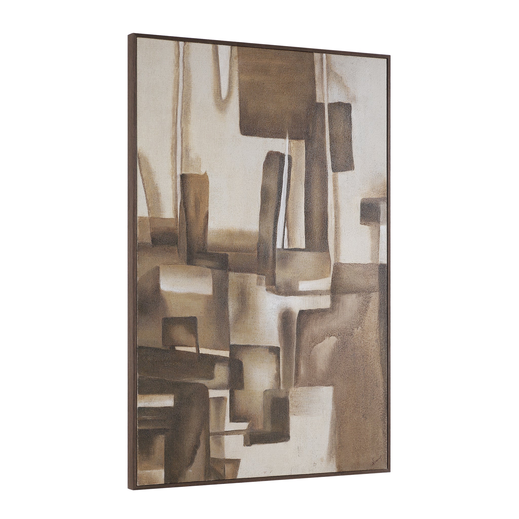 Iberis canvas art displayed at an angle, showcasing abstract brown and beige patterns.