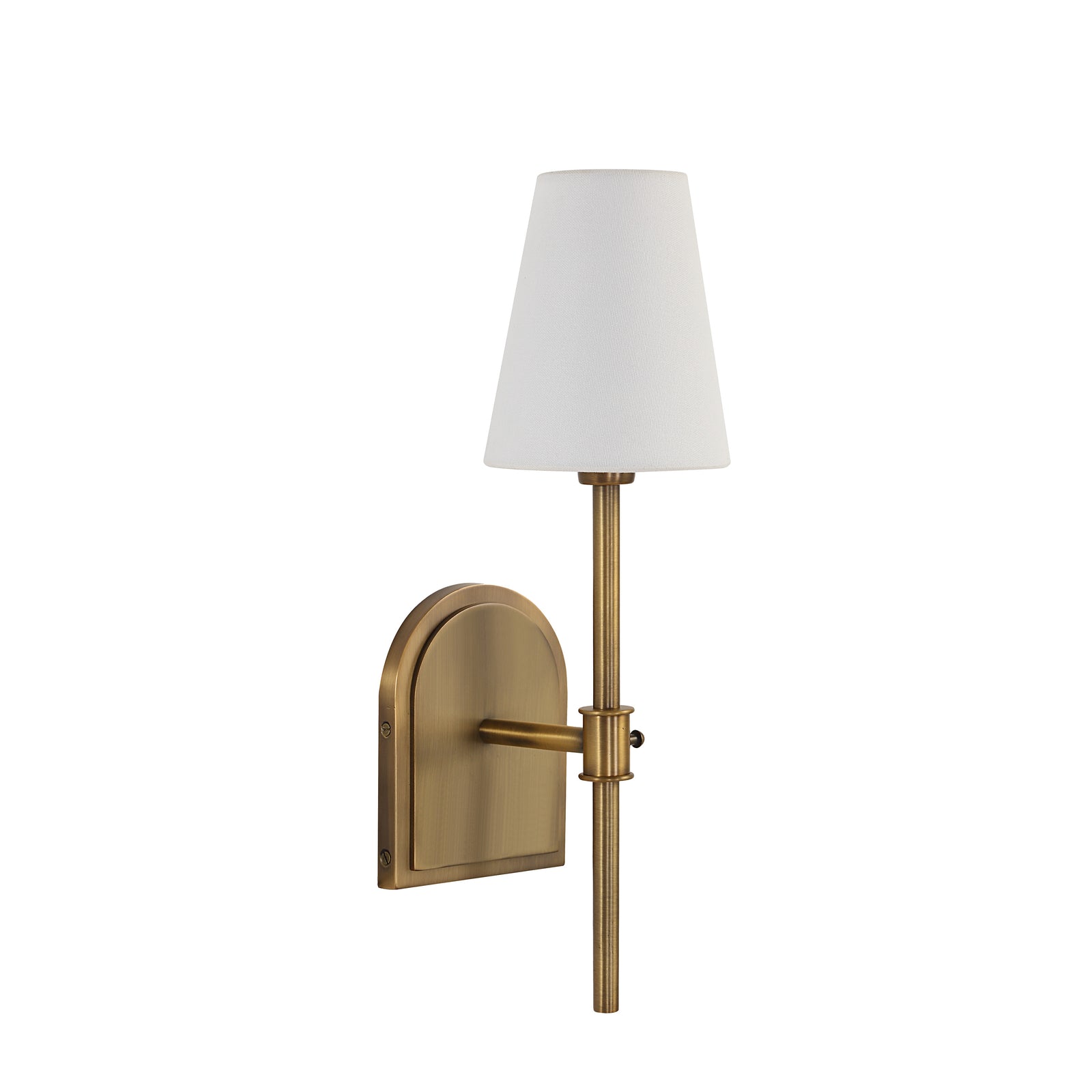 Montreux wall sconce with a white fabric shade and brass finish, featuring a sleek design.