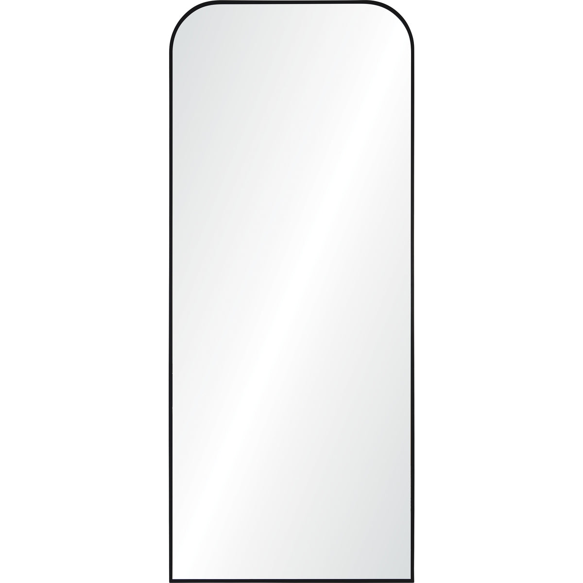 Mandret mirror by Renwil, vertical design with rounded top, black frame, reflective surface.