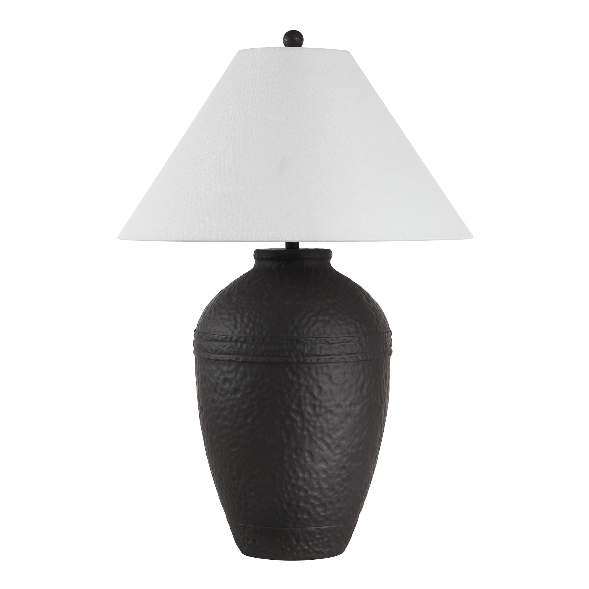 Cupper table lamp by Renwil with a textured black base and white cone shade.