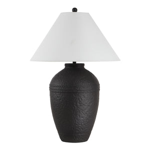 Cupper table lamp by Renwil with a textured black base and white cone shade.