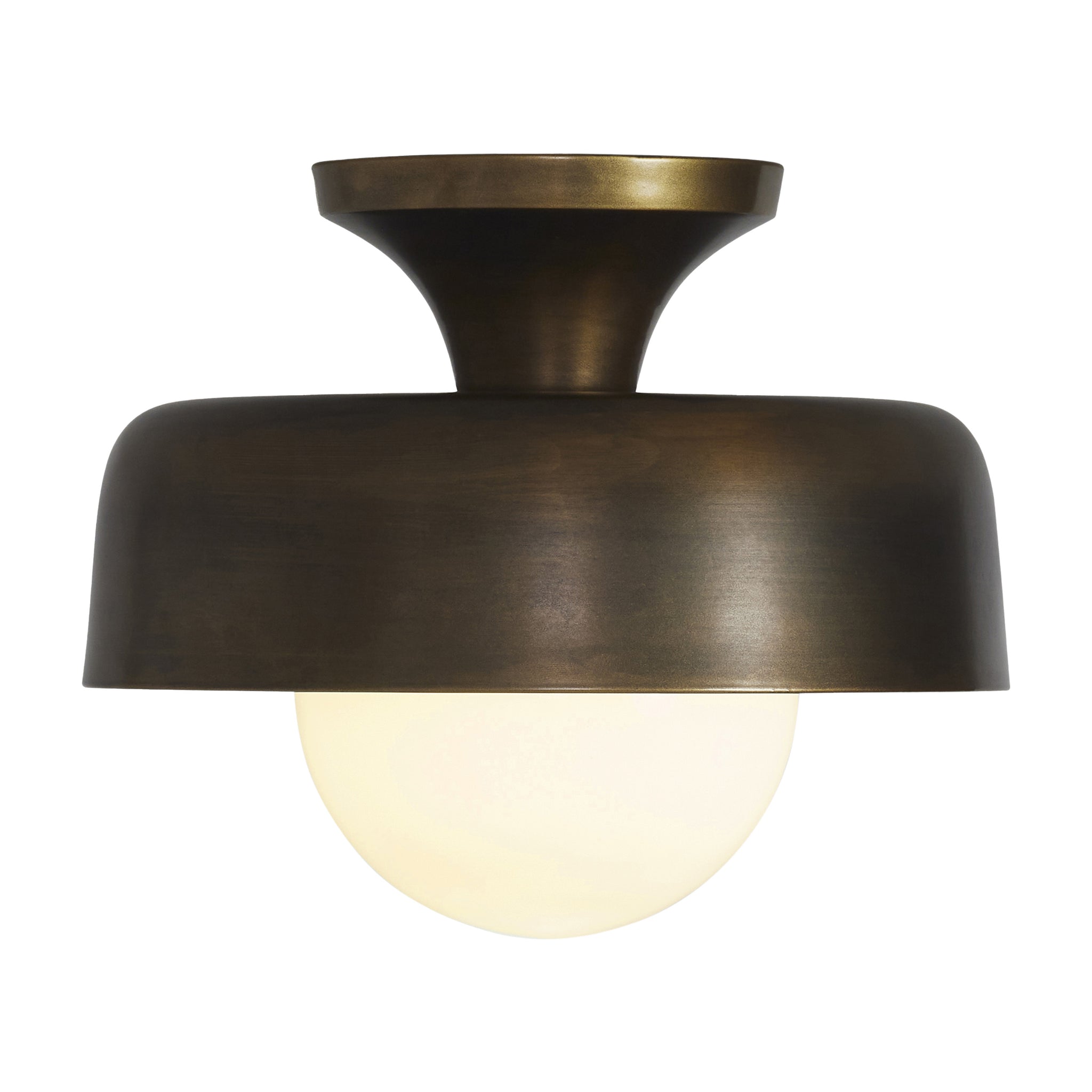 Flare Flush Mount by Renwil featuring a bronze finish and warm white glass globe.