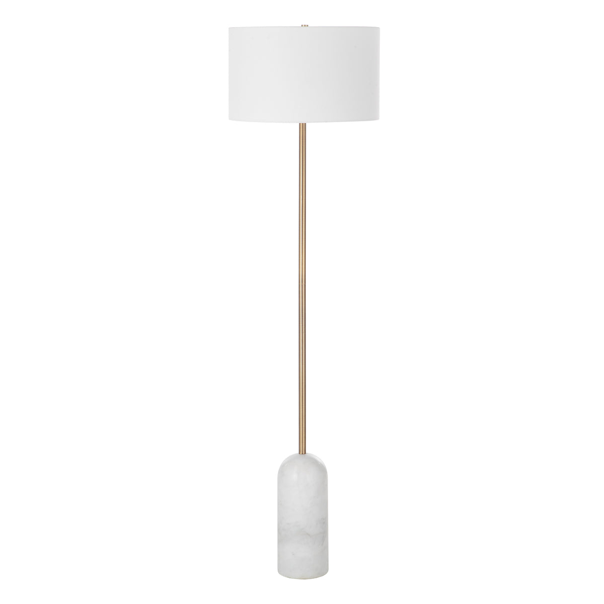 Lozica Floor Lamp with white drum shade and marble base, featuring a gold metal stem.