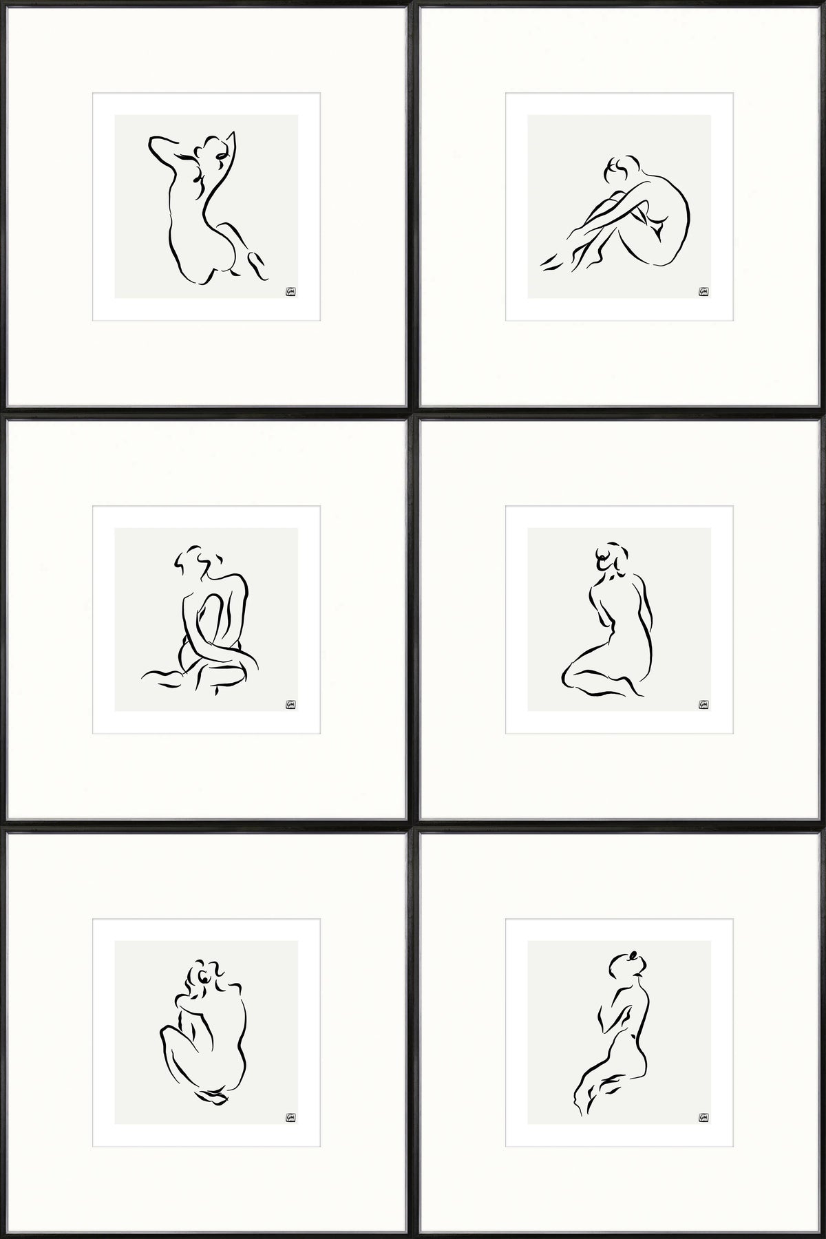 Femme Pose I - VI Bundle featuring six framed minimalist line art prints of abstract human figures on a light gray background.