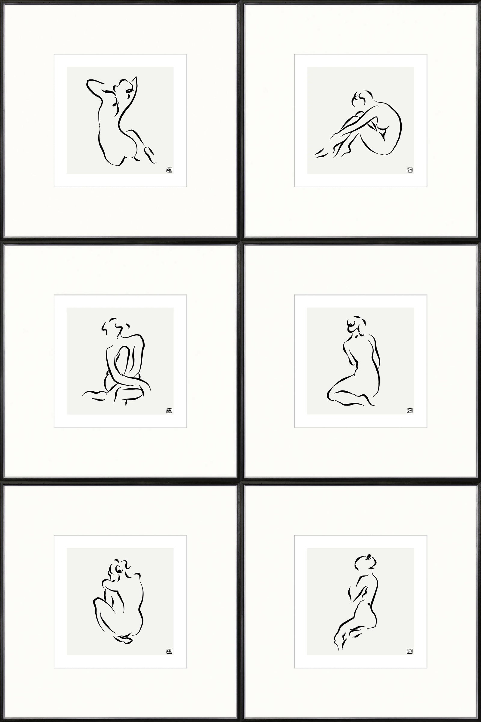 Femme Pose I - VI Bundle featuring six framed minimalist line art prints of abstract human figures on a light gray background.