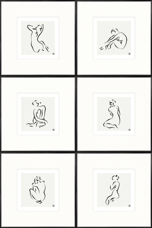 Femme Pose I - VI Bundle featuring six framed minimalist line art prints of abstract human figures on a light gray background.