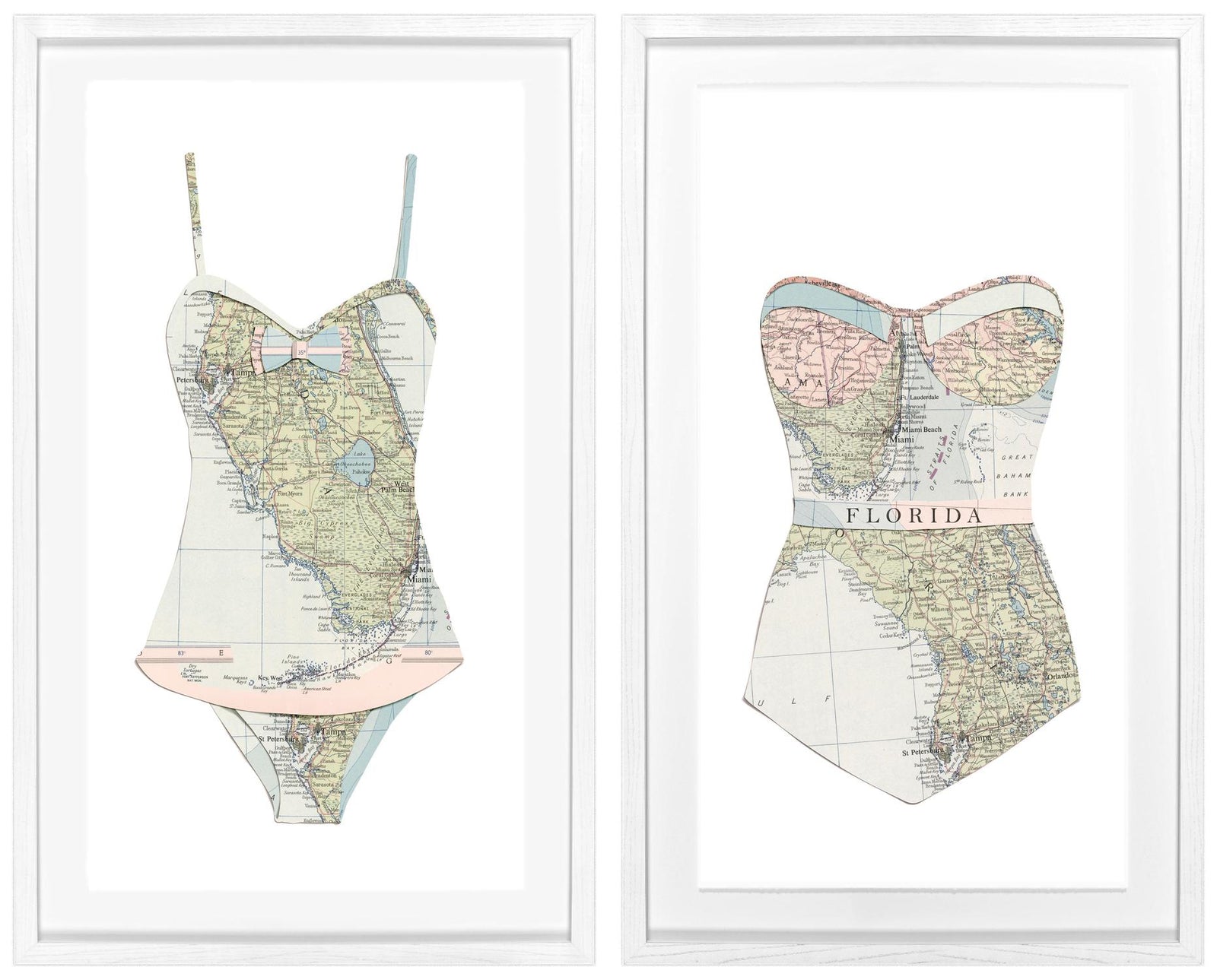 Florida Swim Cutout I & II Bundle featuring two framed wall art pieces of swimsuits made from vintage maps of Florida.