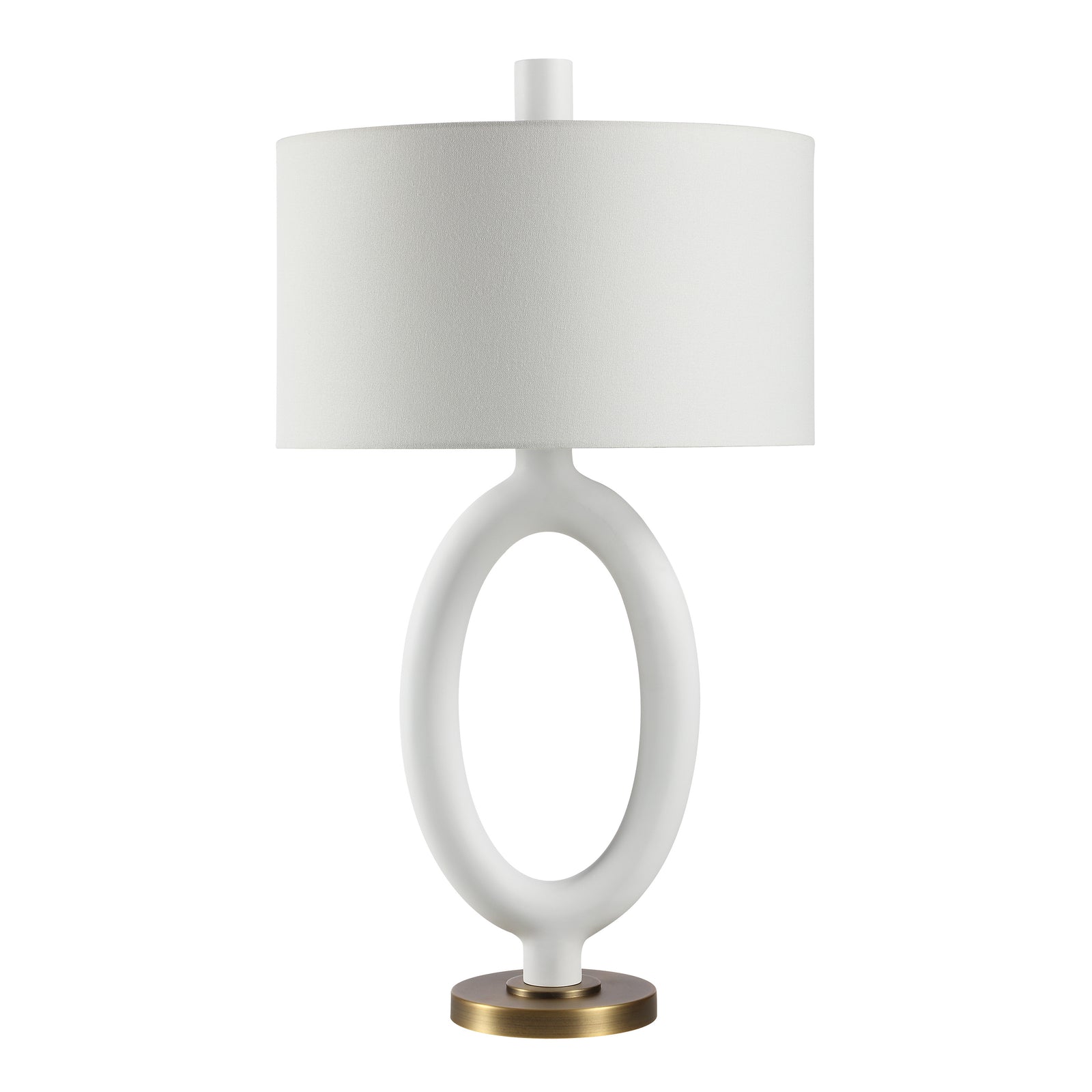 Aeris Table Lamp with a white textured shade and a white ceramic base featuring a circular cutout.