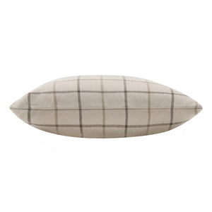 Thornhill pillow in a long shape with a beige and brown plaid pattern.
