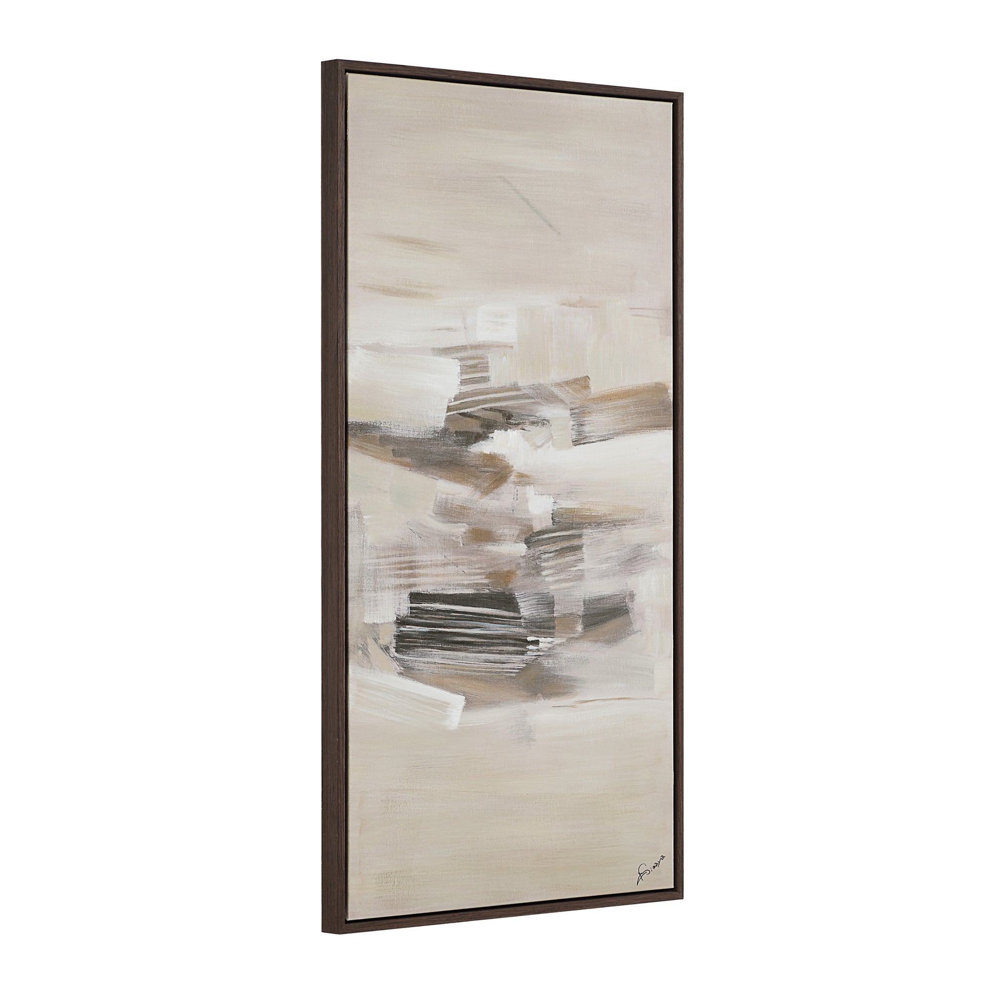 Lux canvas art displayed at an angle, showcasing abstract beige and gray patterns