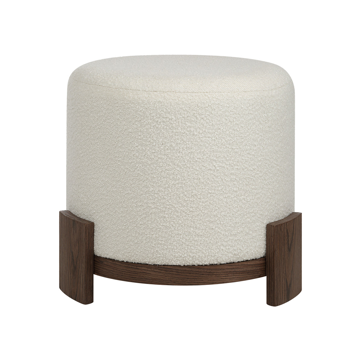 Chaves Ottoman by Renwil, round shape with cream textured fabric and dark wood base