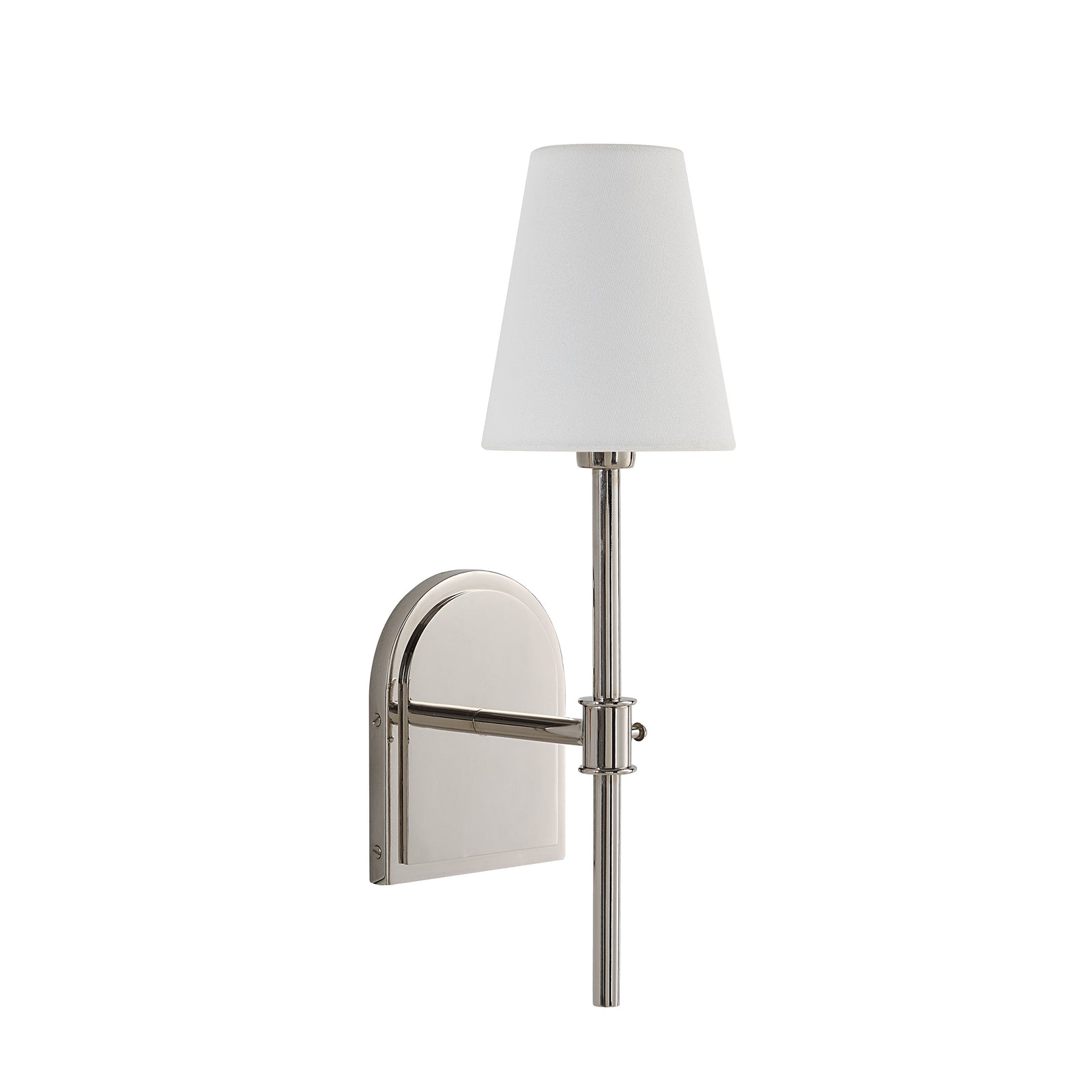Nowra wall sconce with a white fabric shade and a sleek silver base.