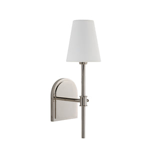 Nowra wall sconce featuring a white shade and a polished silver finish.