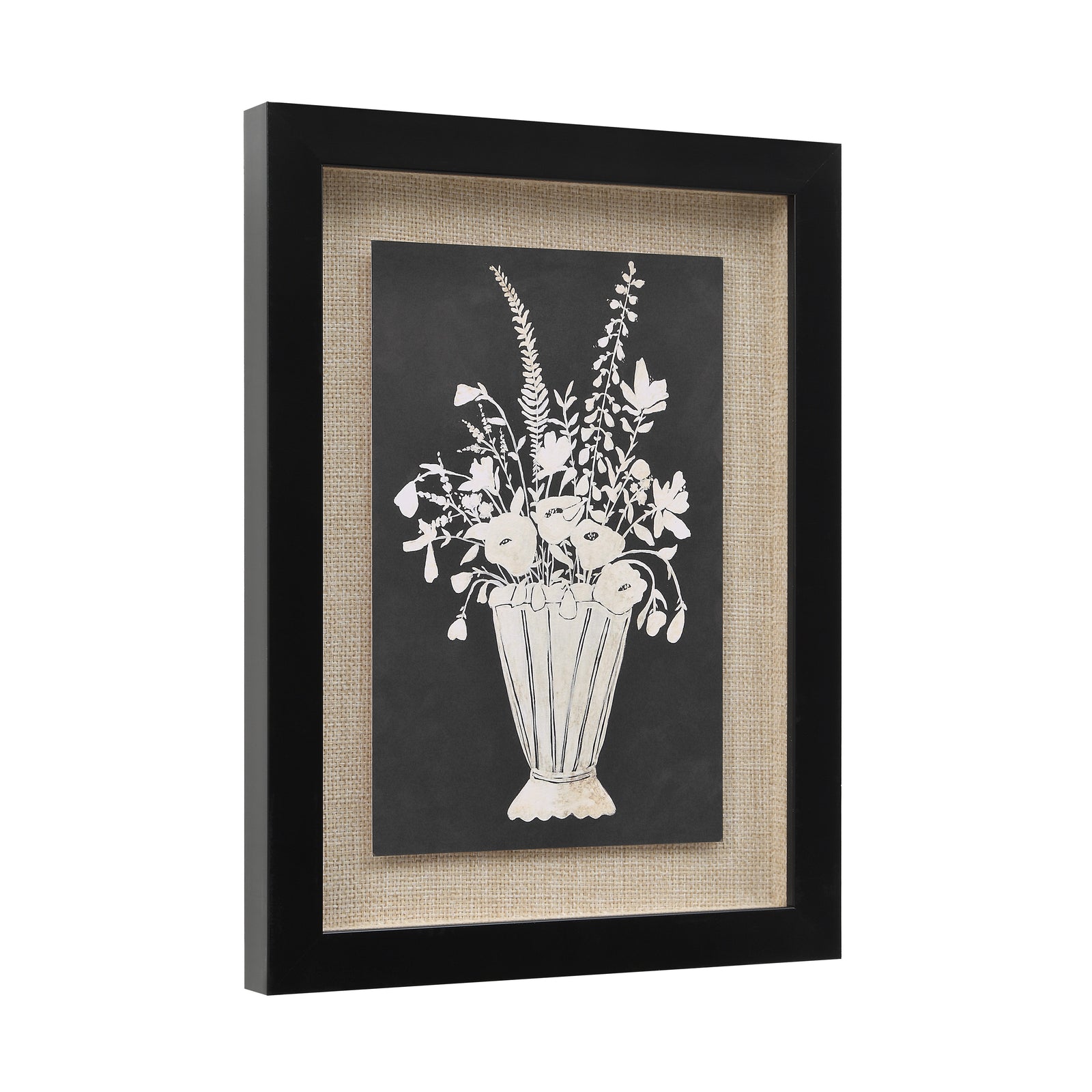 Tecoma canvas art featuring a white floral arrangement in a striped vase on a black background.