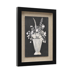 Tecoma canvas art showcasing a white flower bouquet in a striped vase with a black backdrop.