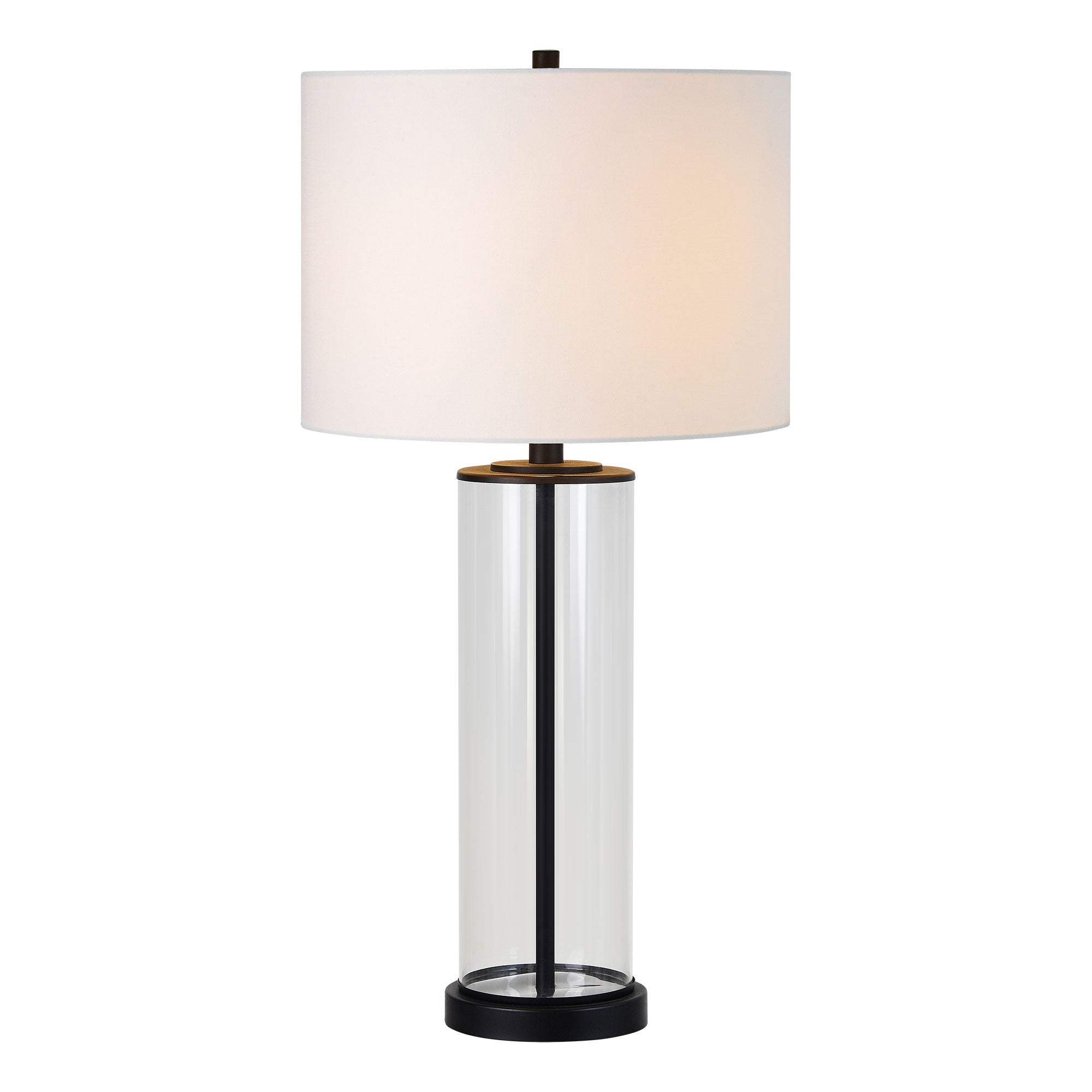 Desdemona Table Lamp featuring a clear glass base, white shade, and a wooden accent on top.