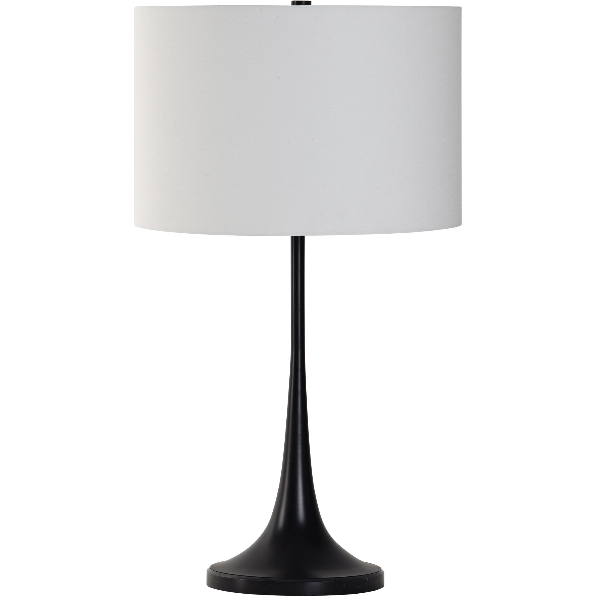 Salvora Table Lamp with a minimalistic black base and a white shade, highlighting its elegant silhouette.