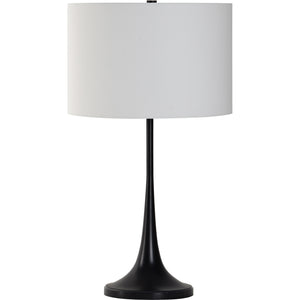 Salvora Table Lamp with a minimalistic black base and a white shade, highlighting its elegant silhouette.