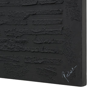 Kinetic black canvas art featuring textured horizontal lines and abstract patterns with a matte finish.