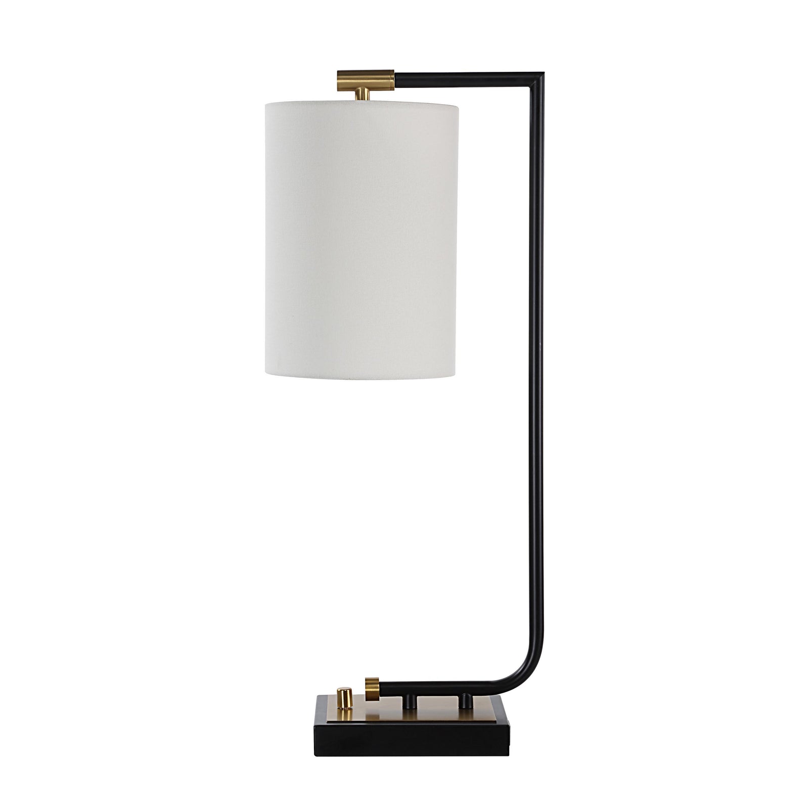 Perlato table lamp with a white cylindrical shade and black metal base, featuring gold accents.