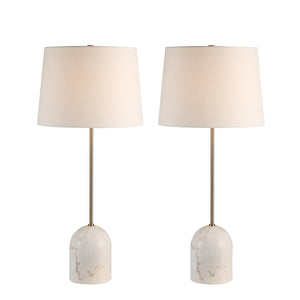Dili table lamp set showcasing white fabric shades and marble bases, viewed from the front.