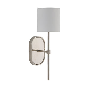Whitney wall sconce featuring a white shade and sleek polished nickel base