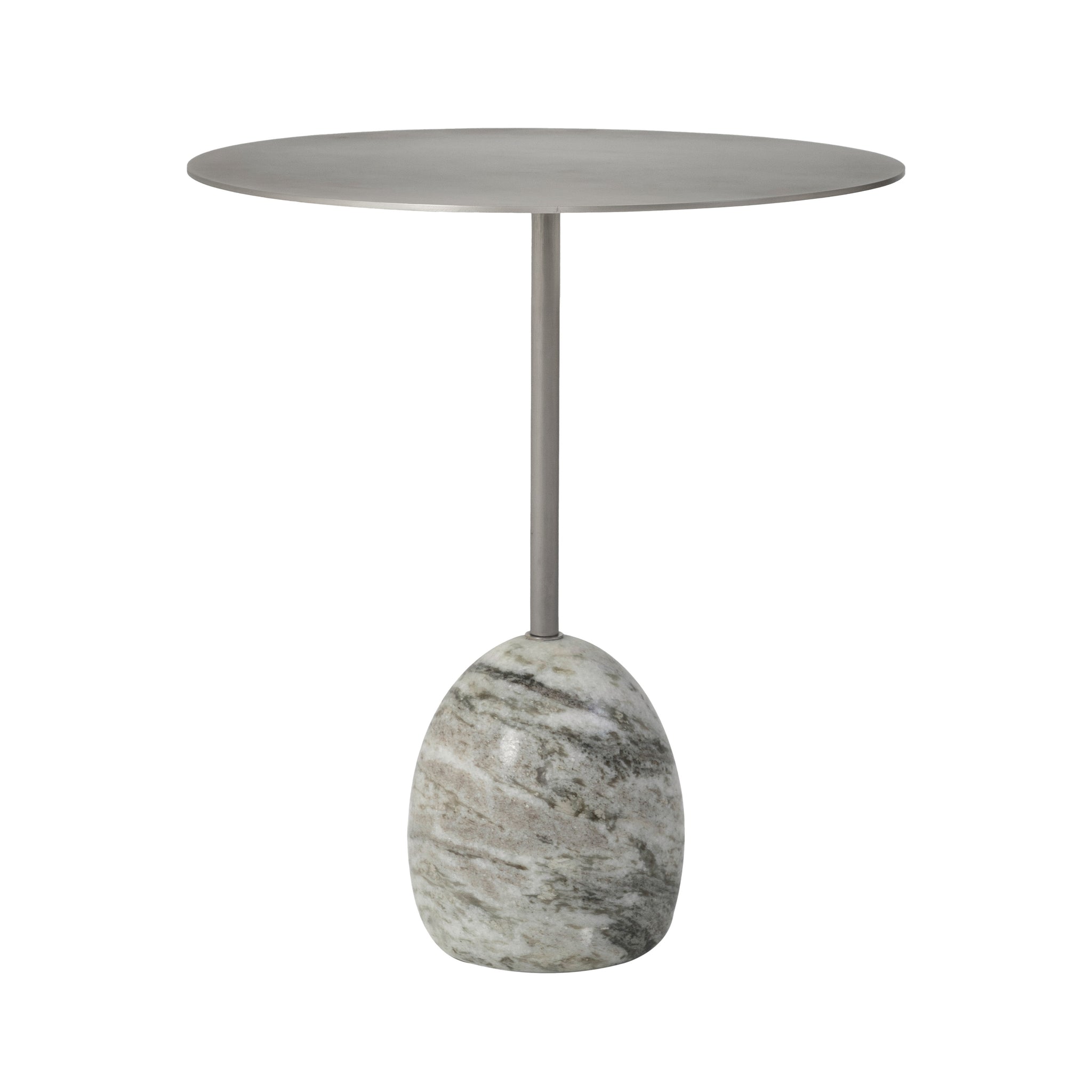 Aiden side table featuring a round metal top and a marble base in gray and white.