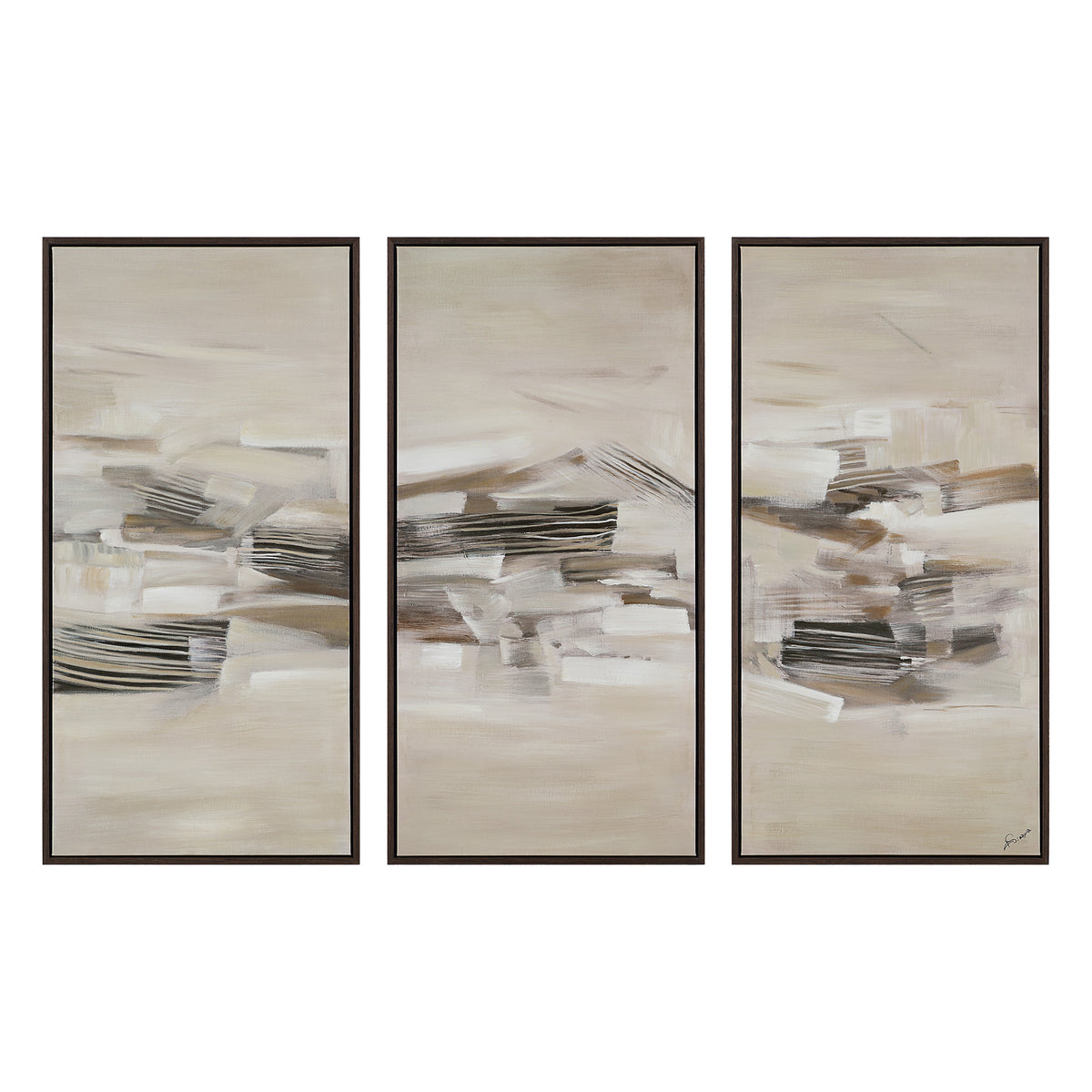 Lux canvas art featuring abstract beige and gray patterns in three panels