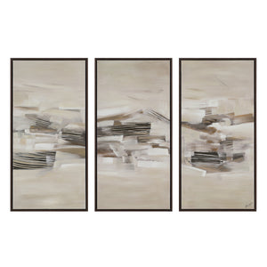 Lux canvas art featuring abstract beige and gray patterns in three panels