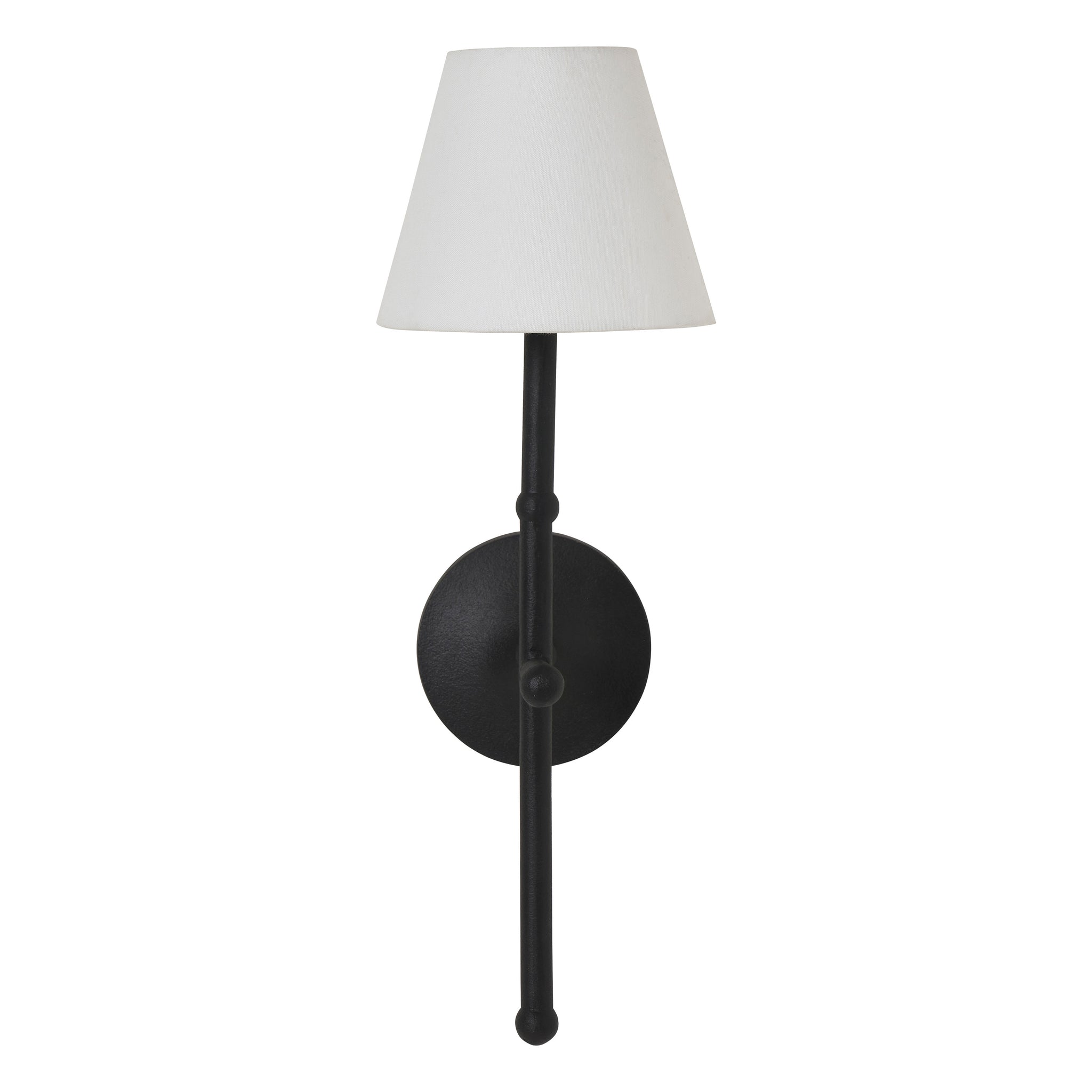 Kurosu wall sconce featuring a black metal arm and a white tapered shade