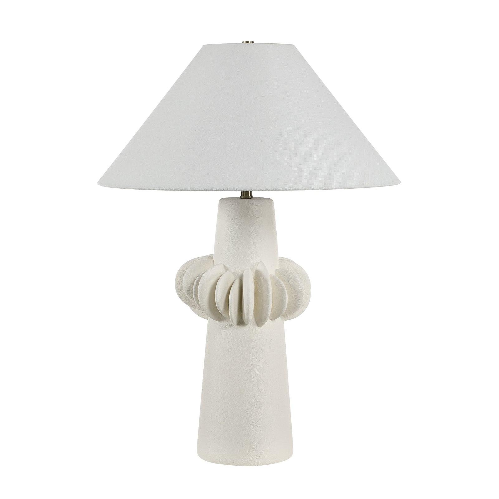 Disla Table Lamp with a textured white base and a white conical shade