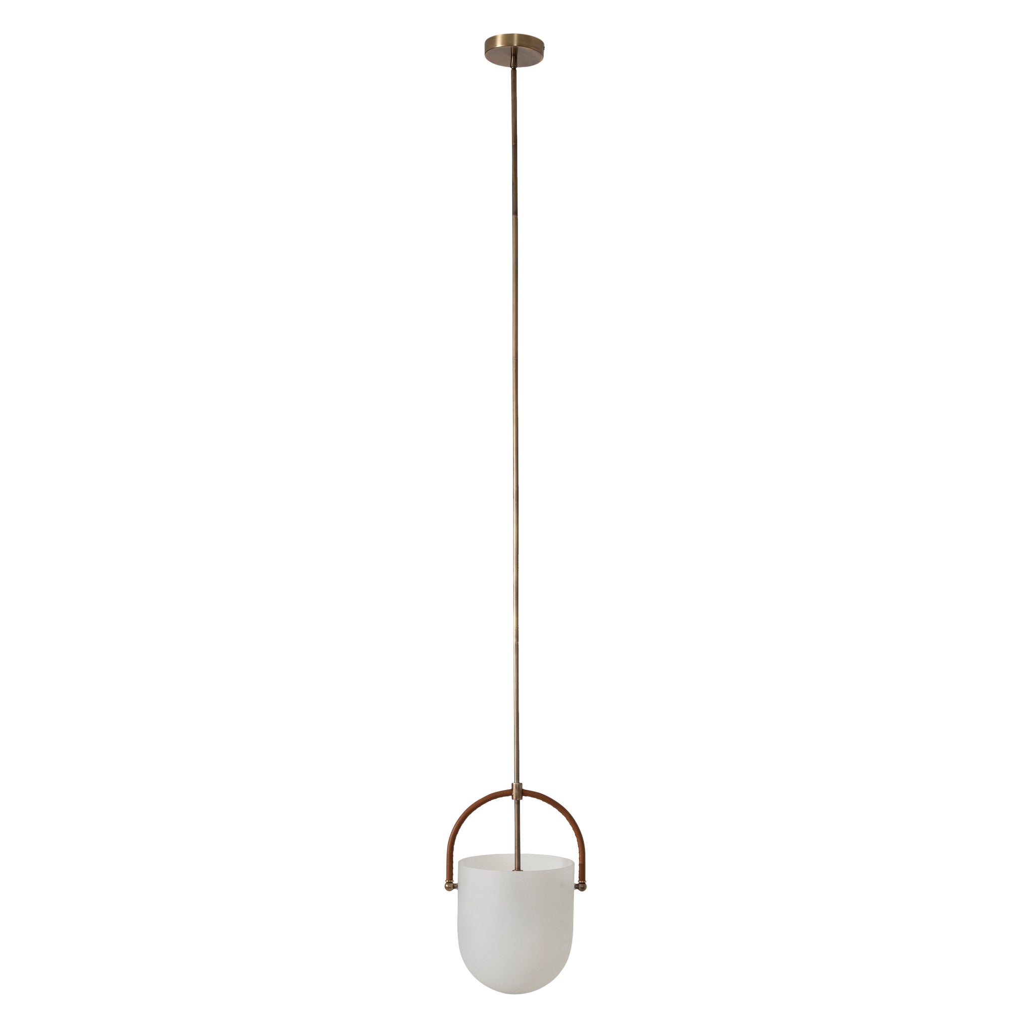 Brillio pendant light with frosted glass shade and brown leather handle, hanging from a brass rod.