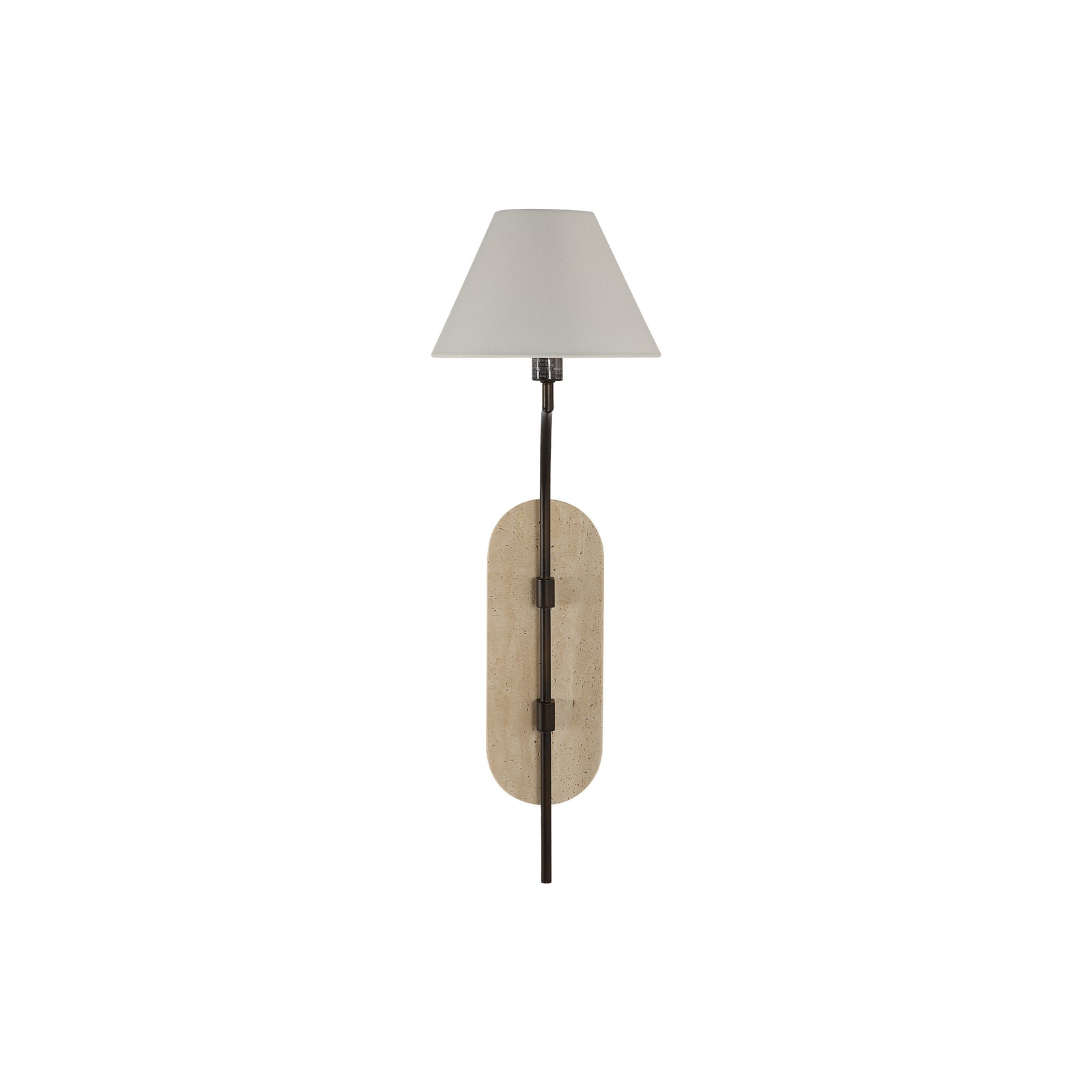 Acca Wall Sconce with a beige stone backplate and a white fabric shade