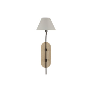 Acca Wall Sconce with a beige stone backplate and a white fabric shade
