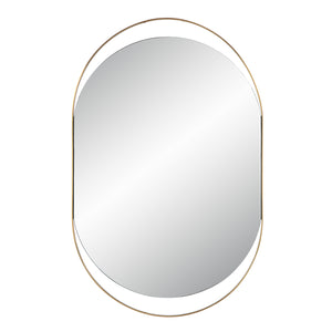 Ecru Wall Mirror with a sleek oval shape and gold metal frame, reflecting light.