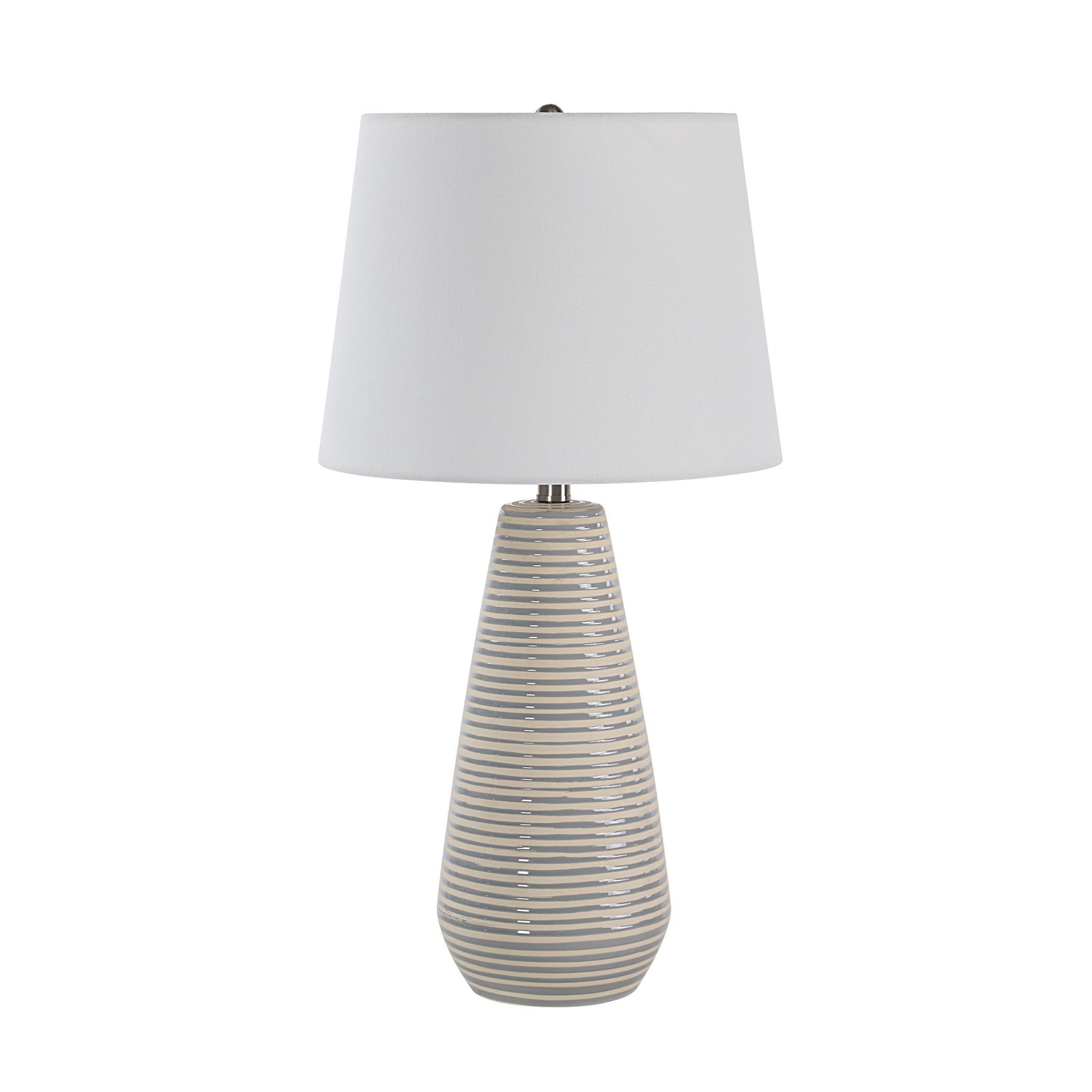 Pera Table Lamp with a white shade and a striped beige ceramic base