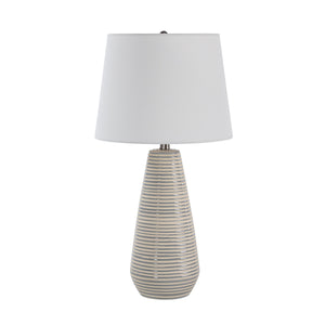 Pera Table Lamp with a white shade and a striped beige ceramic base