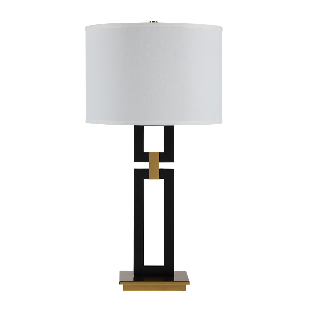 Lila Table Lamp with a white drum shade, black geometric base, and gold accents.