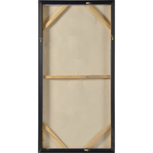 Back view of Yanno canvas art showing wooden support beams and a black frame.