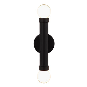 Alika Wall Sconce by Renwil, black metal design with two lit round glass bulbs