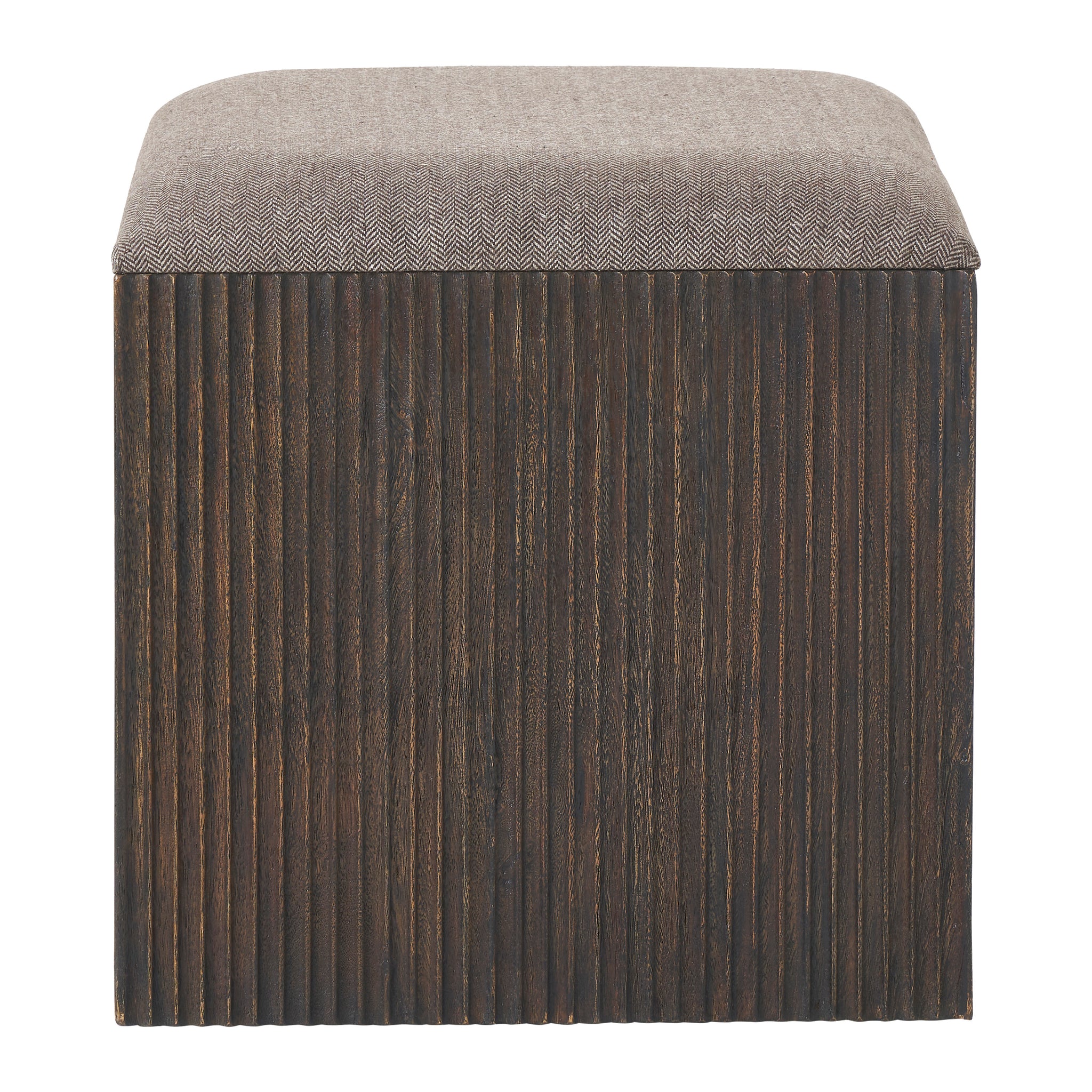 Tristan stool featuring a dark wood base and herringbone fabric top, front view.