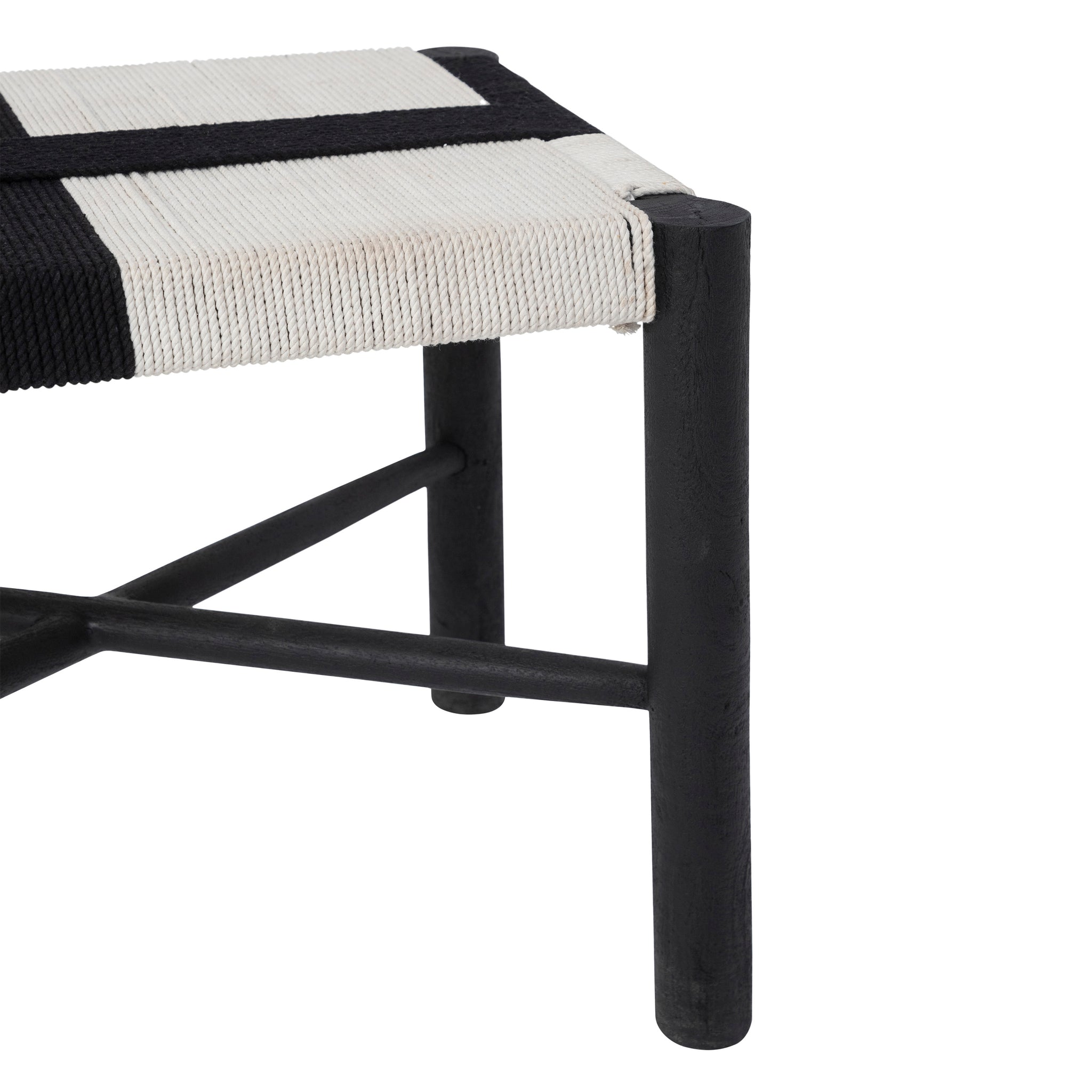 Close-up of Plex stool by Renwil, highlighting the black and white woven seat and sturdy black frame.