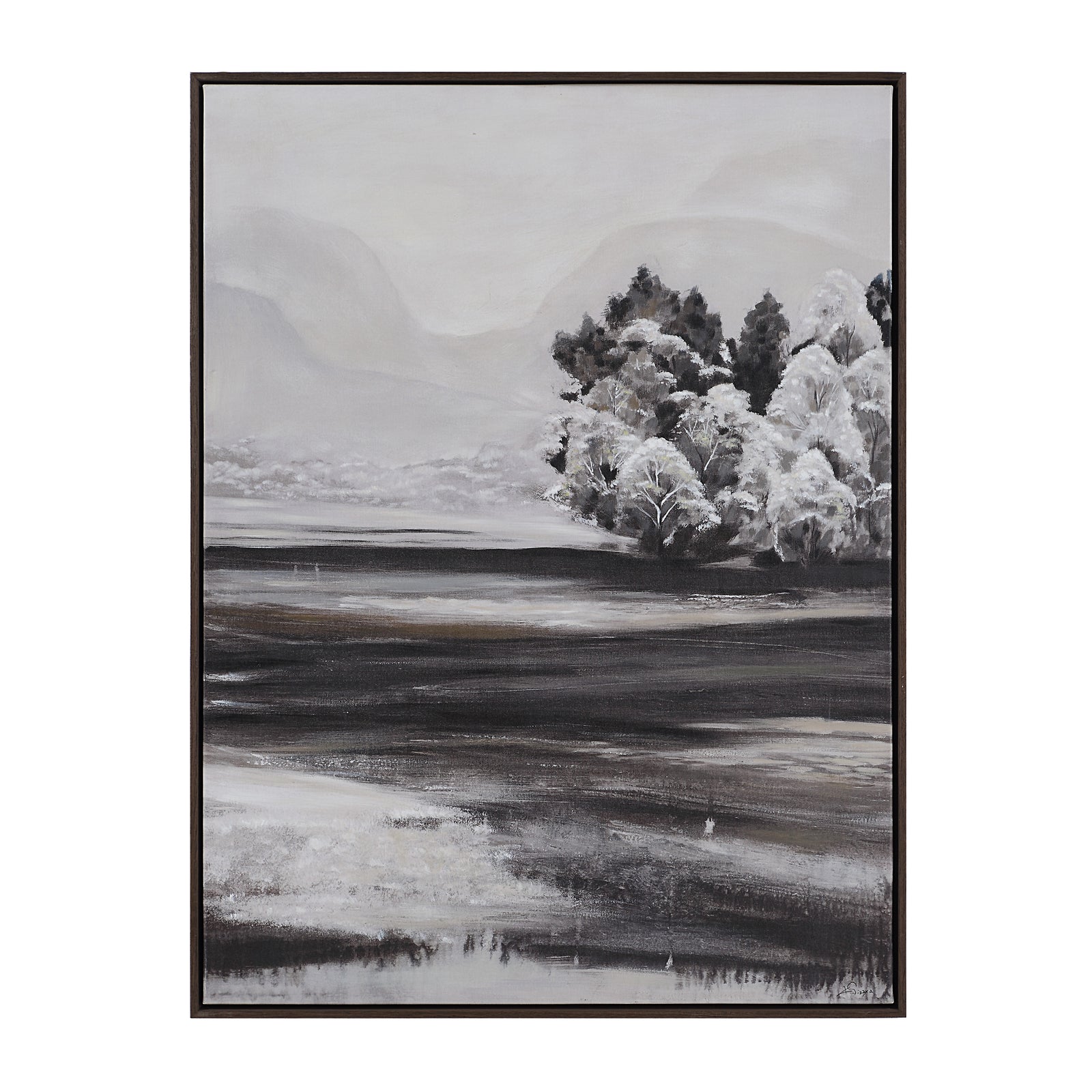 Sweeney canvas art featuring a monochromatic landscape with trees and mountains.