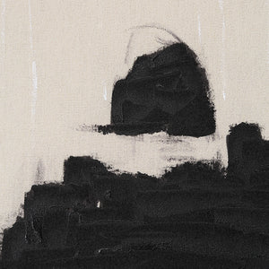 Close-up of Asia Canvas Art showing black abstract shapes on a beige canvas.
