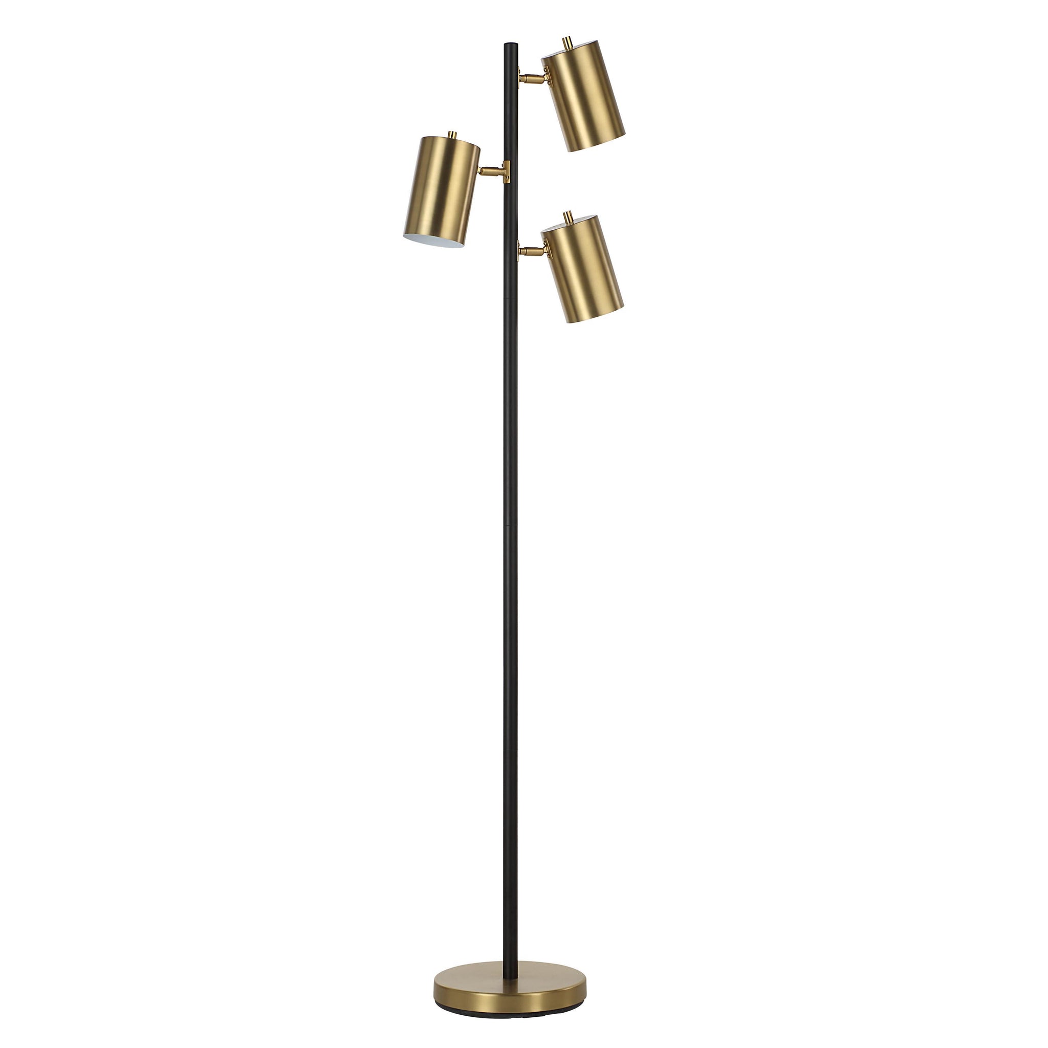 Mosaic floor lamp featuring three gold metal shades on a sleek black stand.
