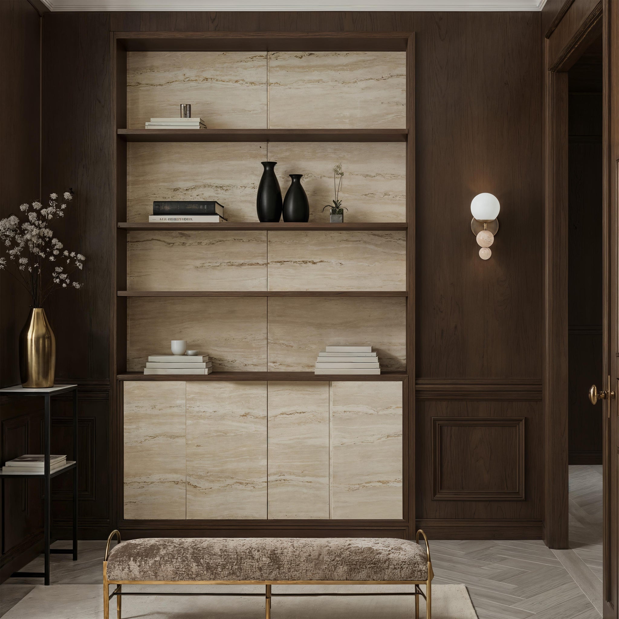 Celestia wall sconce installed in a modern interior with dark wood shelves and decorative items