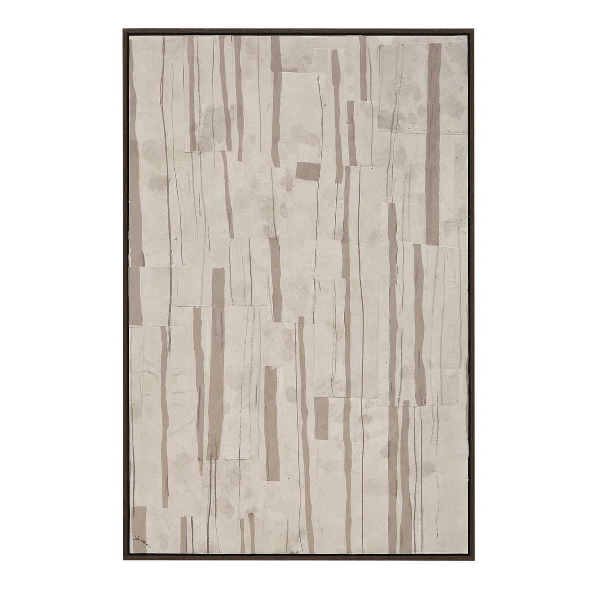 Sediment canvas art featuring a textured light beige background with vertical brown lines.
