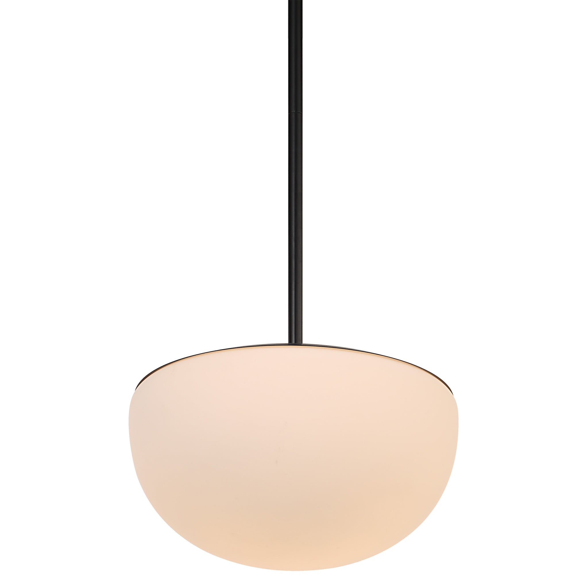 Aditi ceiling light fixture featuring a black top and soft peach globe shade, suspended from a black rod.